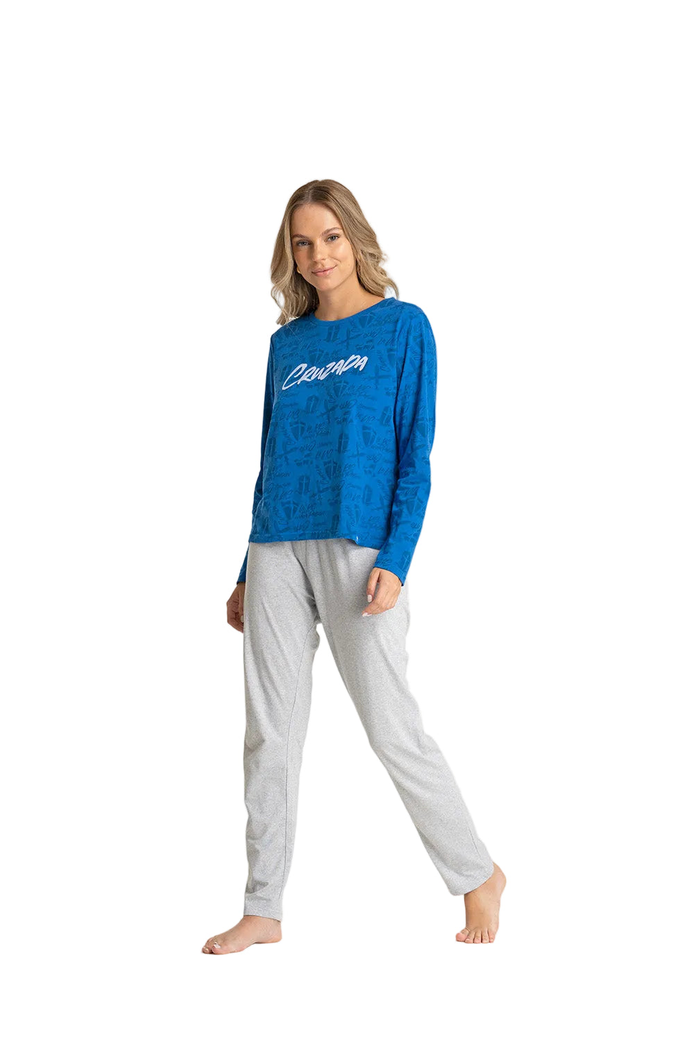 Pijama polera azul pantalón gris mujer